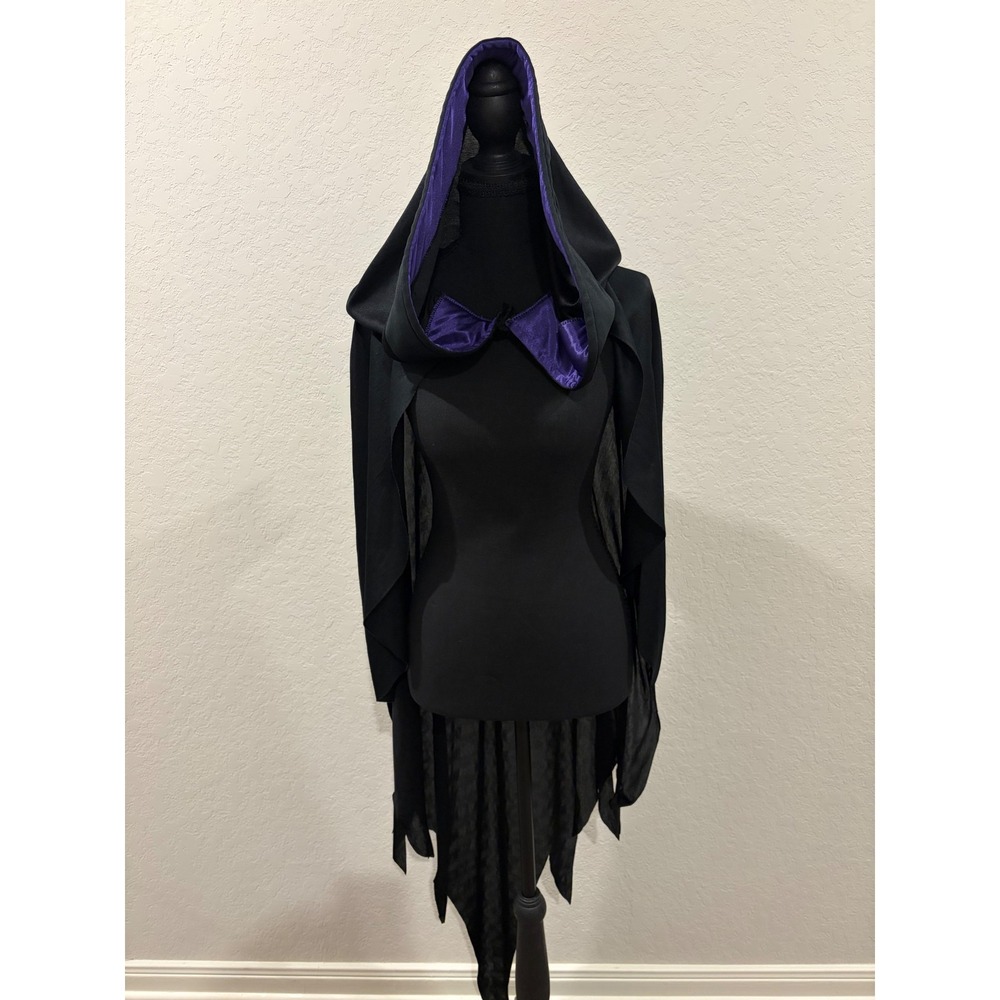 Fun World Black Hooded Cape Purple Satin Lining Tattered Hem Costume One Size